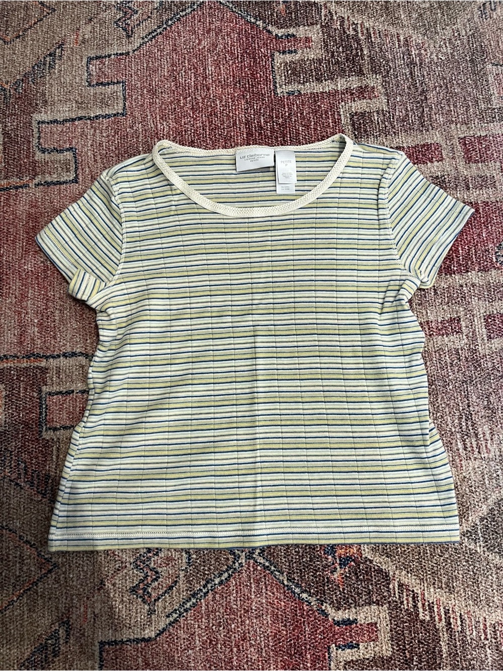Liz Claiborne P petite striped Y2K combed cotton ribbed short sleeve tee